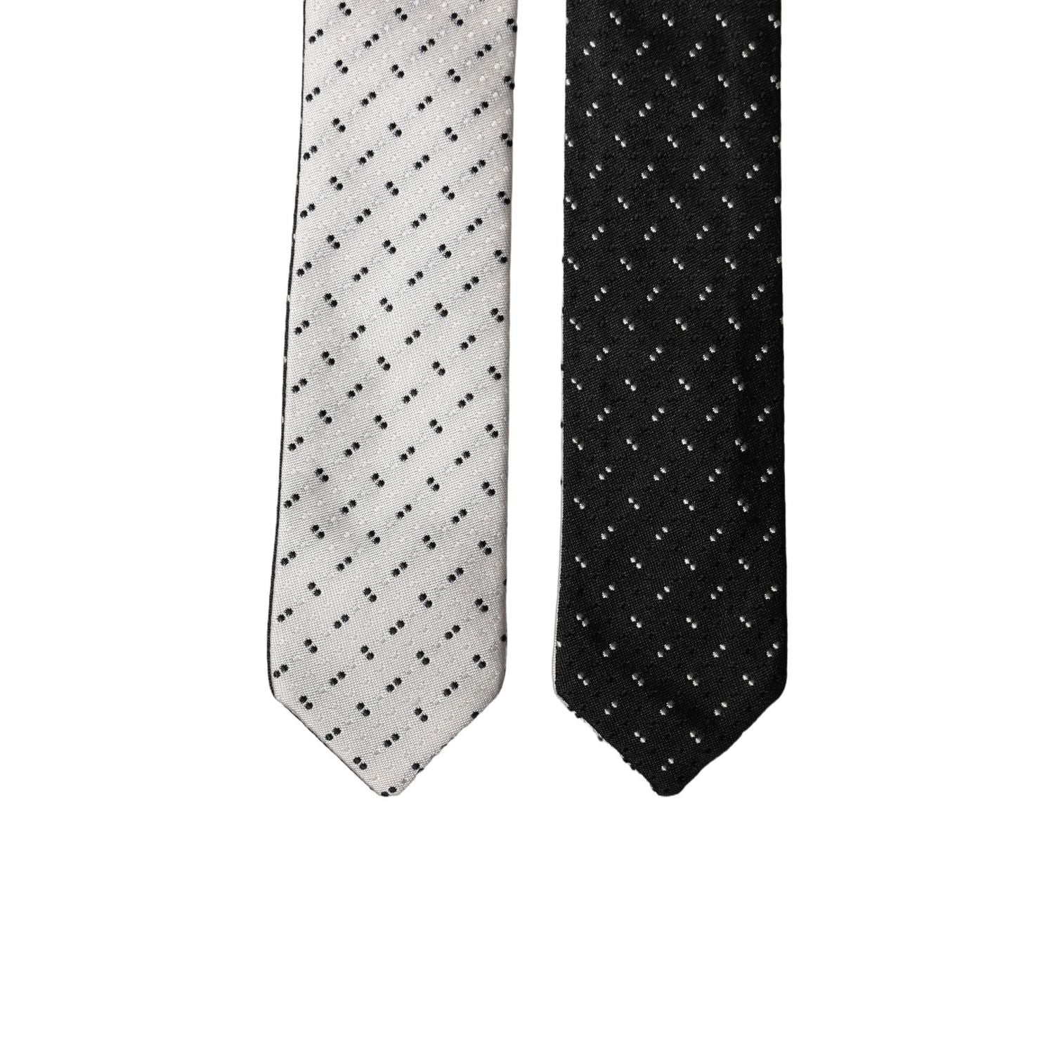 Dolce & Gabbana White Black Patterned Silk Adjustable Men Necktie Tie