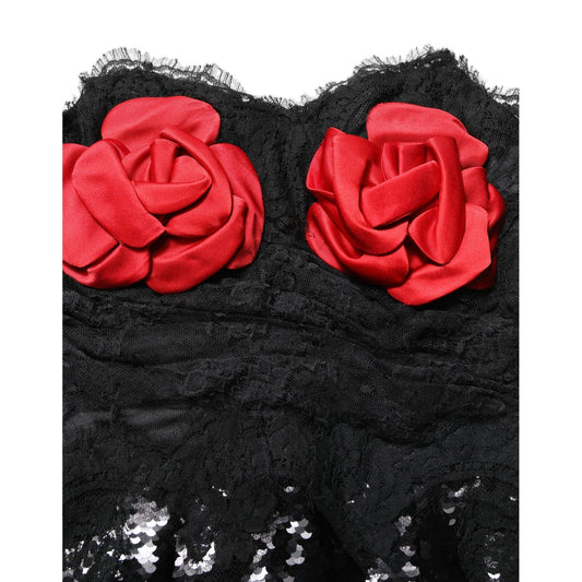 Dolce & Gabbana Black Strapless Red Rose Sequined Midi Dress