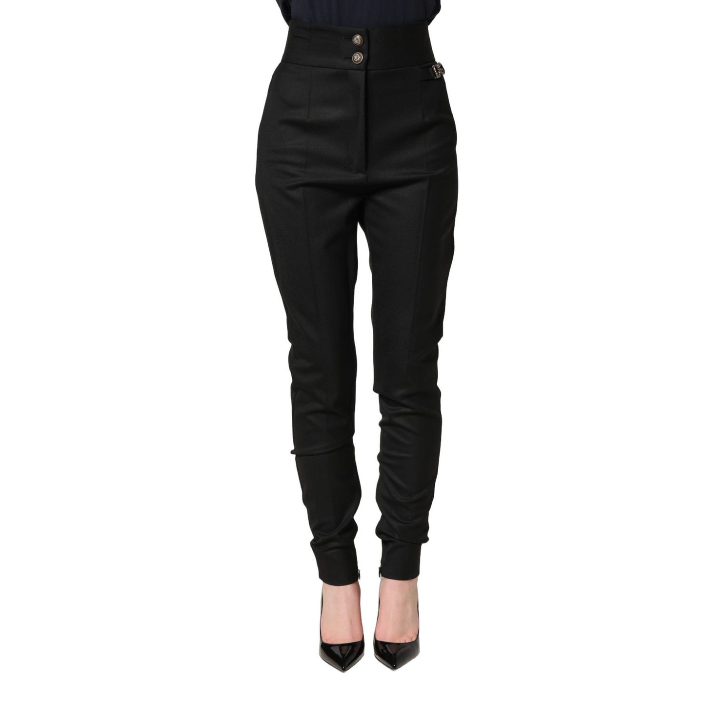 Dolce & Gabbana Black Wool High Waisted Logo Trouser Pants