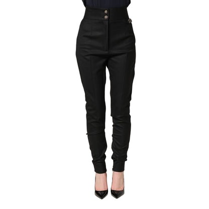 Dolce & Gabbana Black Wool High Waisted Logo Trouser Pants