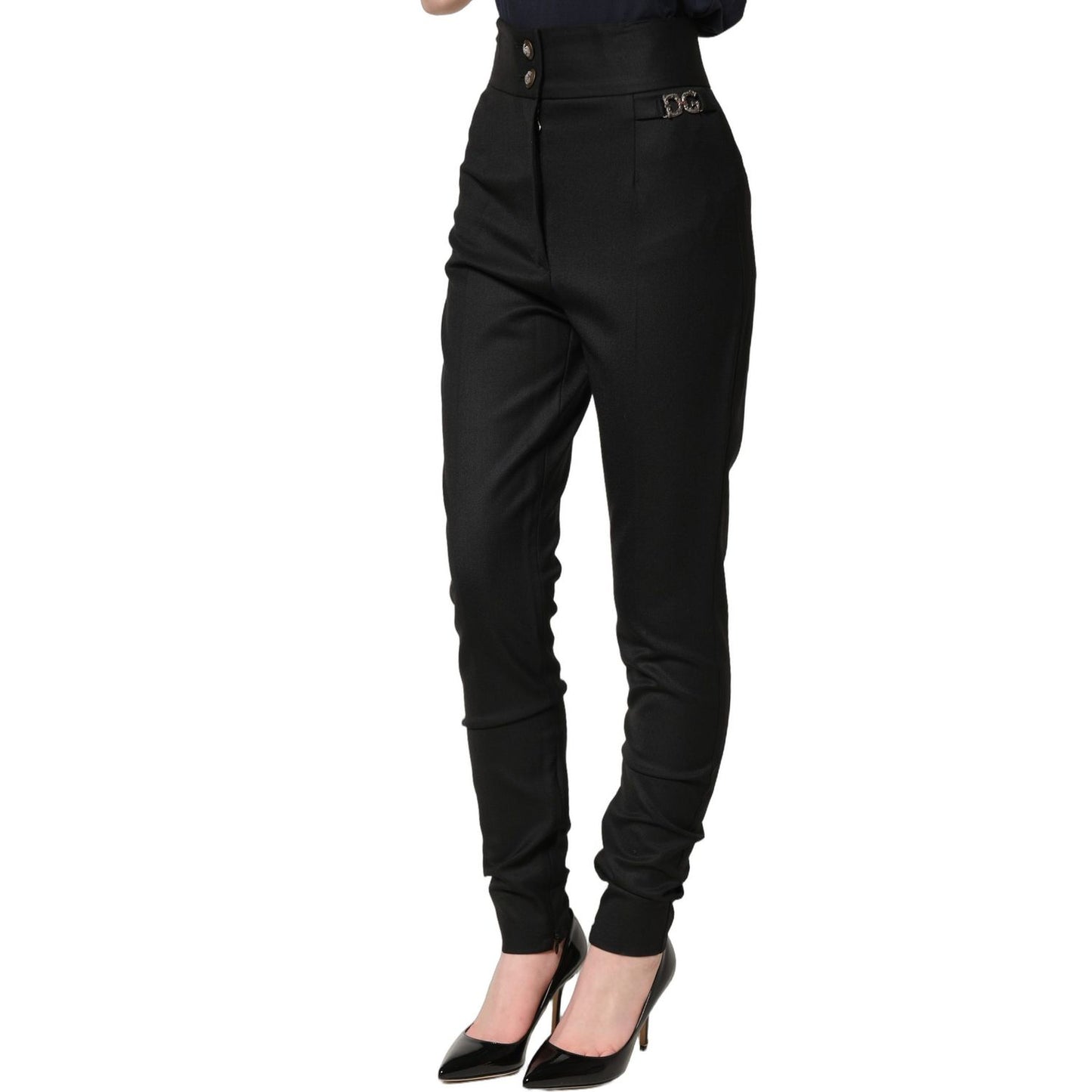 Dolce & Gabbana Black Wool High Waisted Logo Trouser Pants