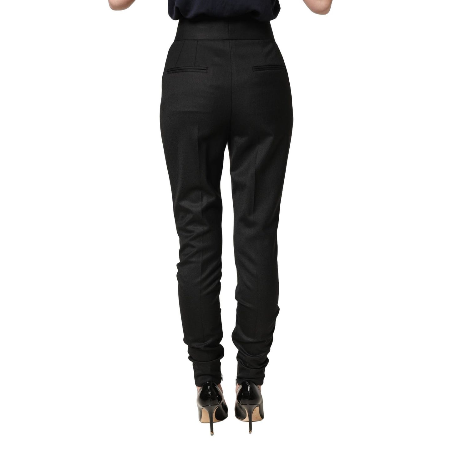 Dolce & Gabbana Black Wool High Waisted Logo Trouser Pants