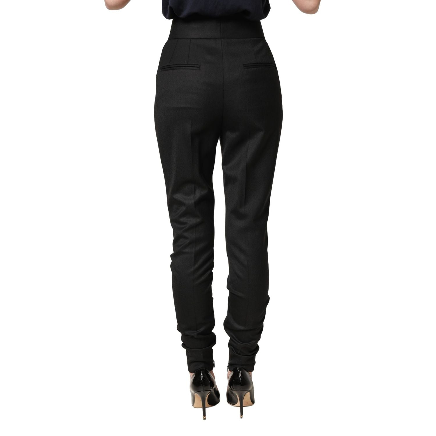 Dolce & Gabbana Black Wool High Waisted Logo Trouser Pants