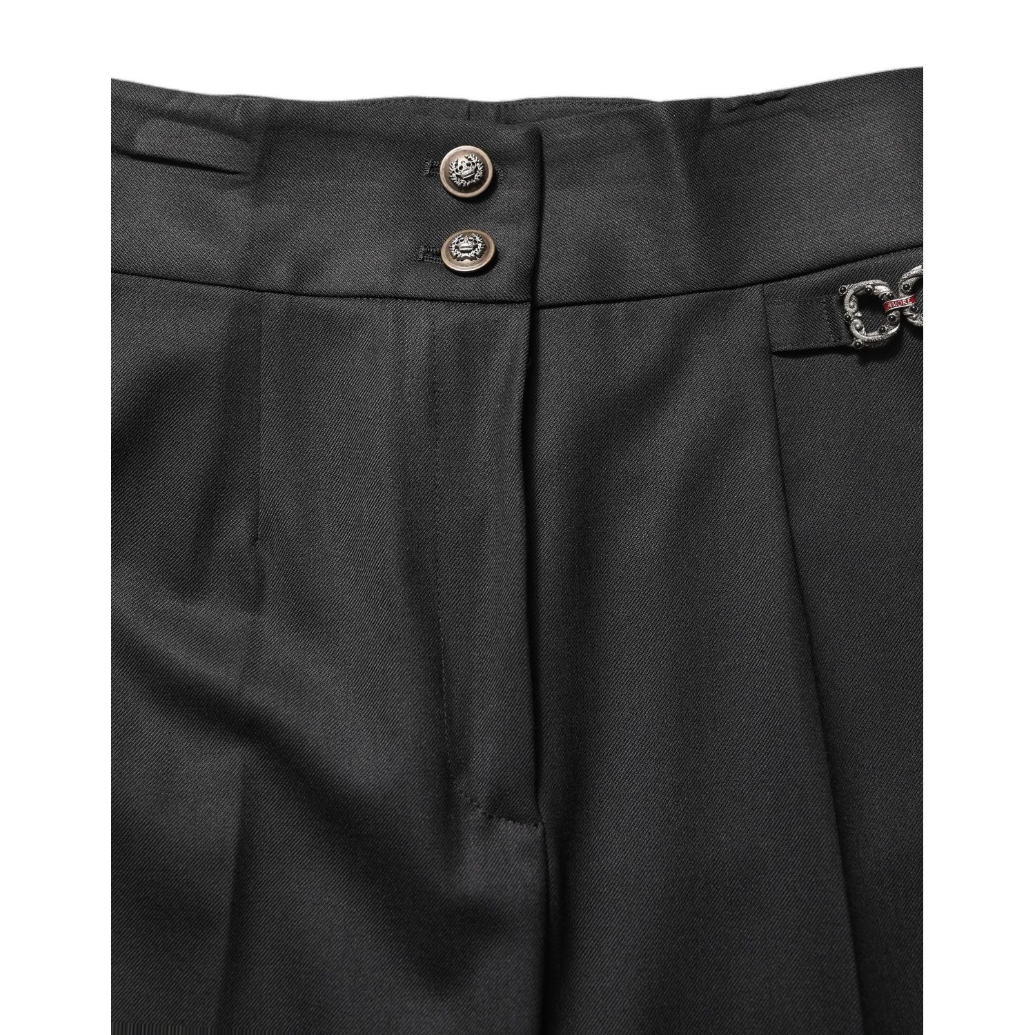 Dolce & Gabbana Black Wool High Waisted Logo Trouser Pants