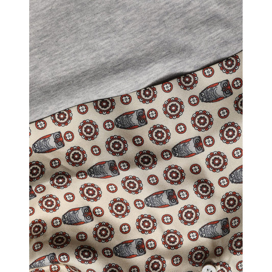 Dolce & Gabbana Gray Cotton V-neck Owl Silk Scarf Top T-shirt
