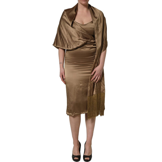 Dodo Bar Or Bronze Toned Satin Fringe Hemmed Shawl Midi Dress
