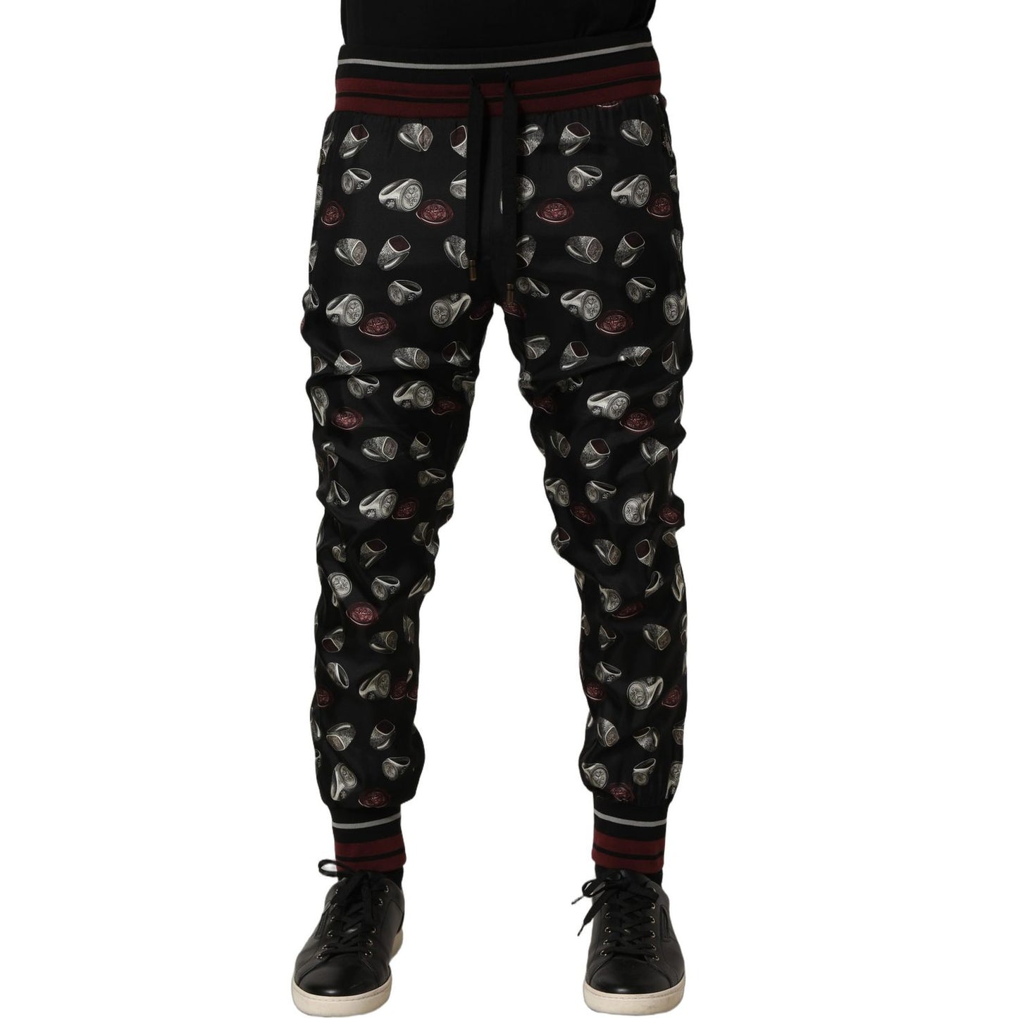 Dolce & Gabbana Pants Black Ring Print Silk Jogging Trousers