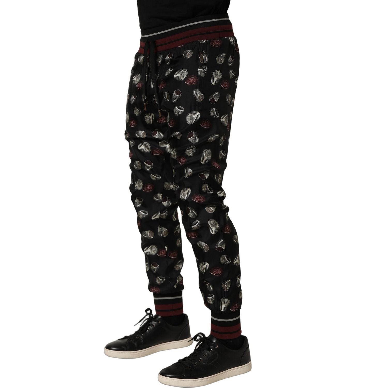Dolce & Gabbana Pants Black Ring Print Silk Jogging Trousers