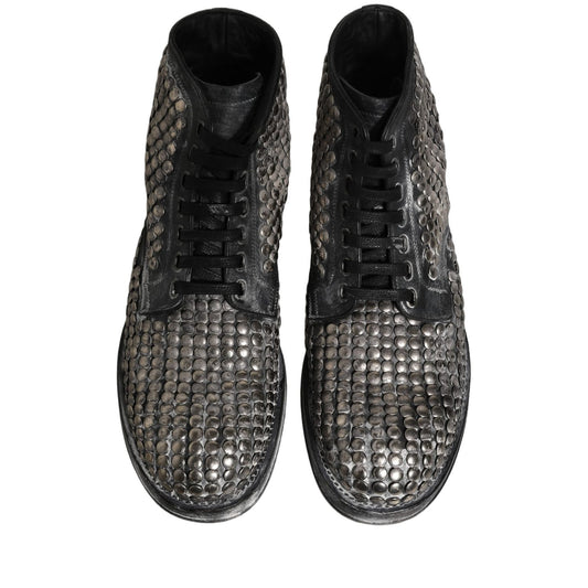 Dolce & Gabbana Black Leather Runway Studs Ankle Boots Shoes