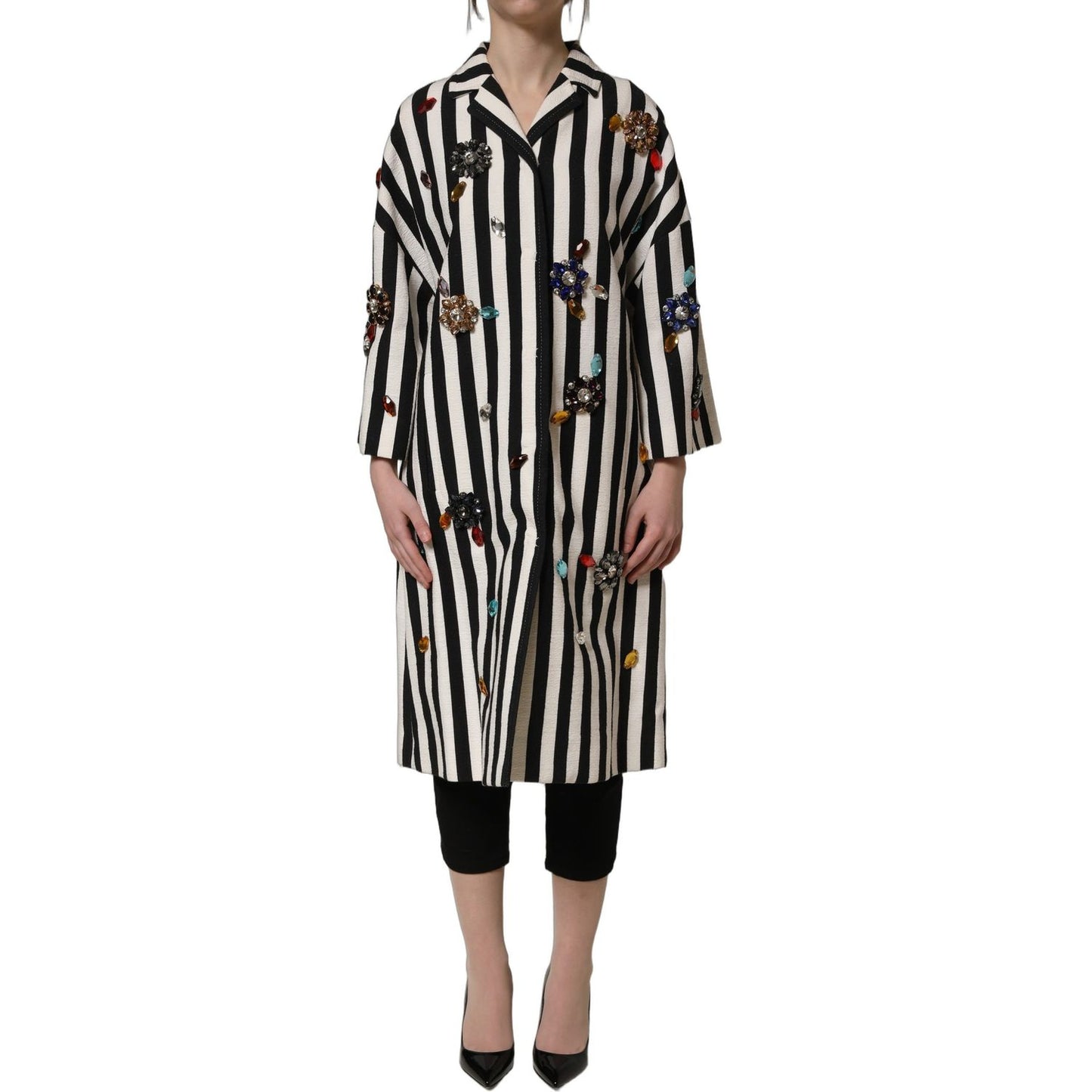 Dolce & Gabbana Black White Striped Embellished Coat Jacket