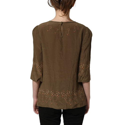Dolce & Gabbana Brown Keys Roses Printed Silk Blouse Top