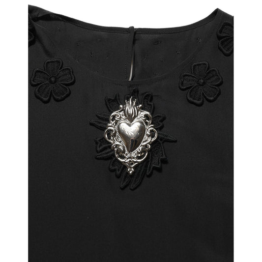 Dolce & Gabbana Black Floral Silk Heart Appliqué Blouse Top