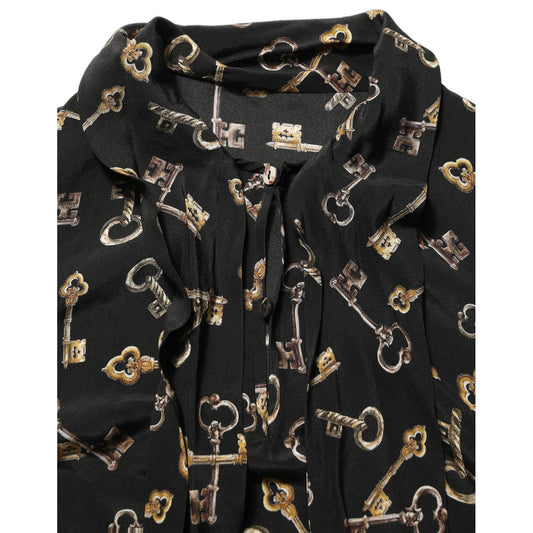 Dolce & Gabbana Black Keys Print Silk Tie Neck Blouse Top