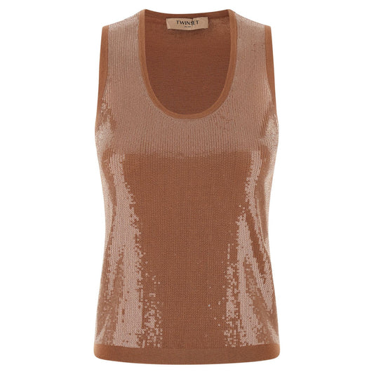 Twinset Brown Cotton Sleeveles T-Shirt