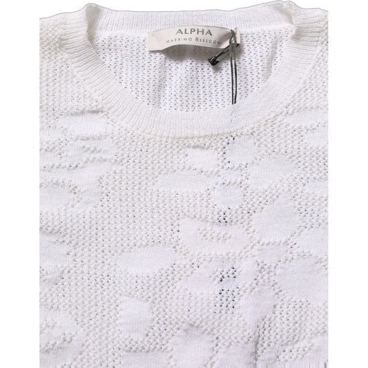 Alpha Studio White Floral Lace Knit Fabric Short Sleeves Blouse Top