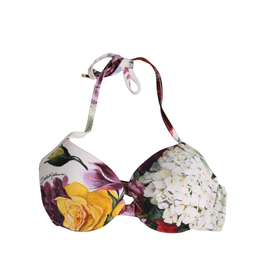 Dolce & Gabbana White Floral Print Nylon Beachwear Bikini Top