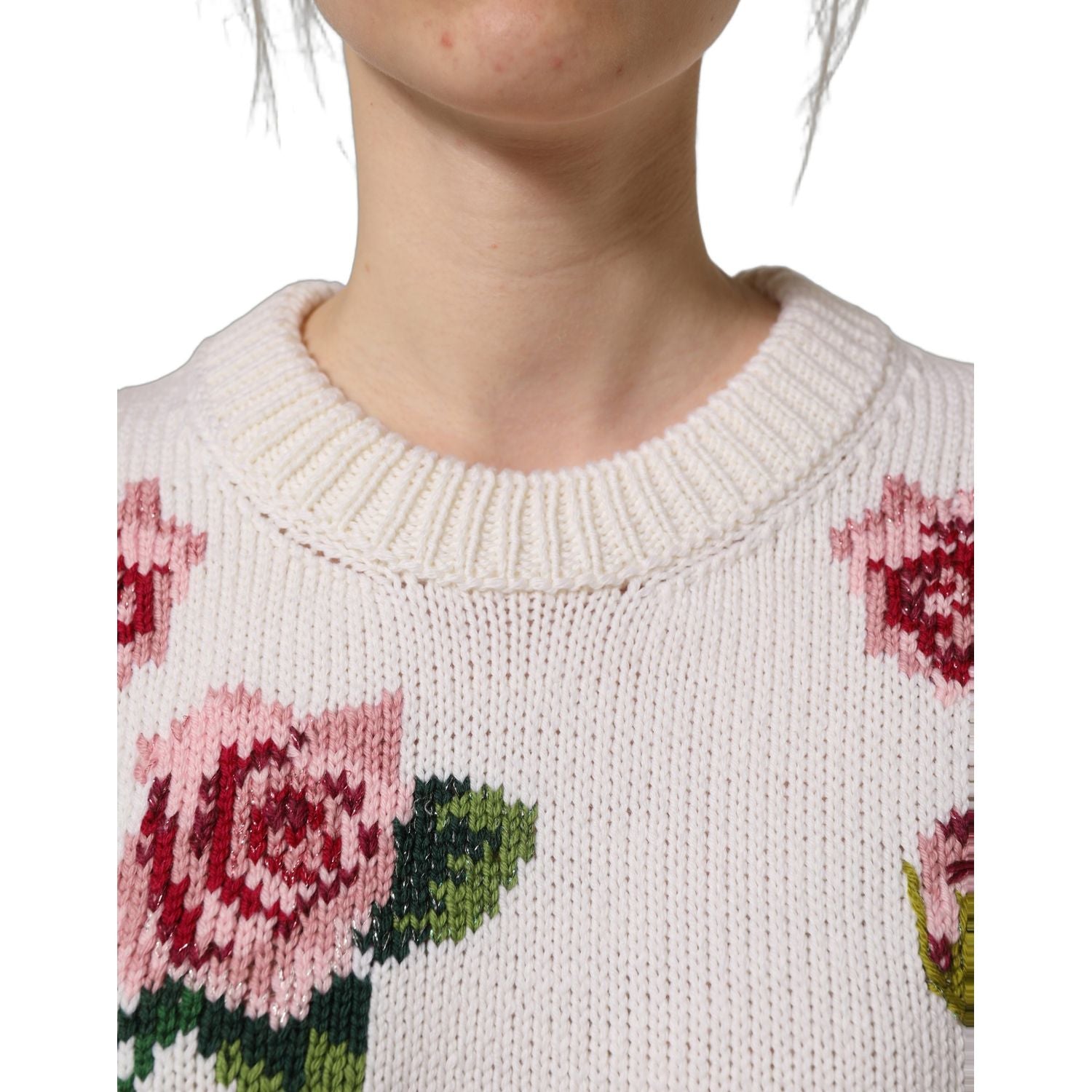 Dolce & Gabbana White Wool Floral Crew Neck Pullover Sweater