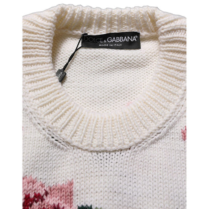 Dolce & Gabbana White Wool Floral Crew Neck Pullover Sweater