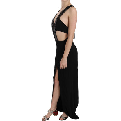 John Richmond Black Crystal Leather Gown Flare Dress Dresses