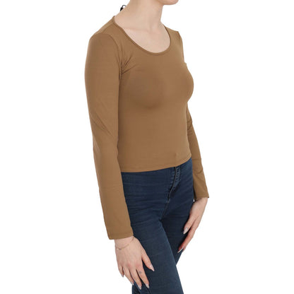 GF Ferre Brown Long Round Neck Sleeve Fitted Shirt Tops Blouse
