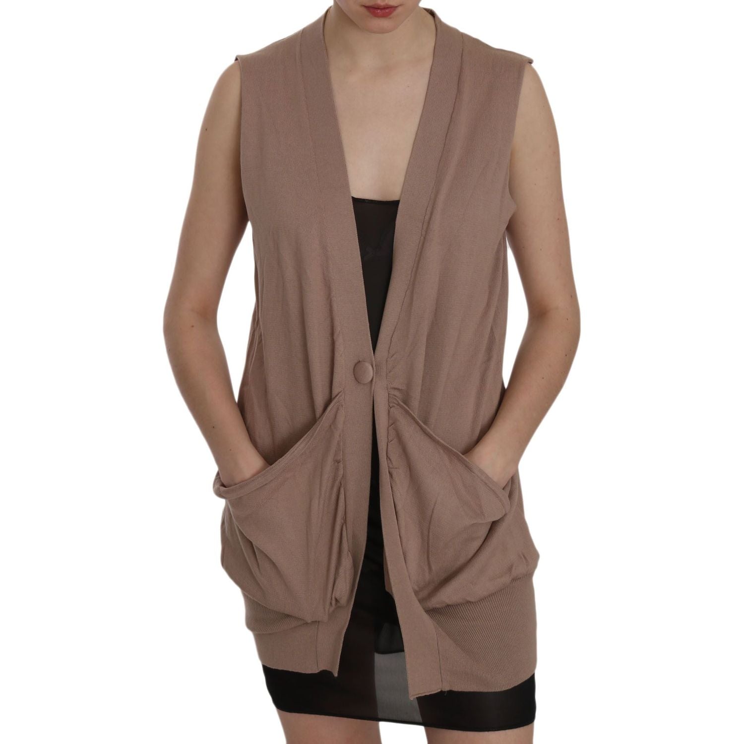 PINK MEMORIES Brown 100% Cotton Sleeveless Cardigan Top Vest