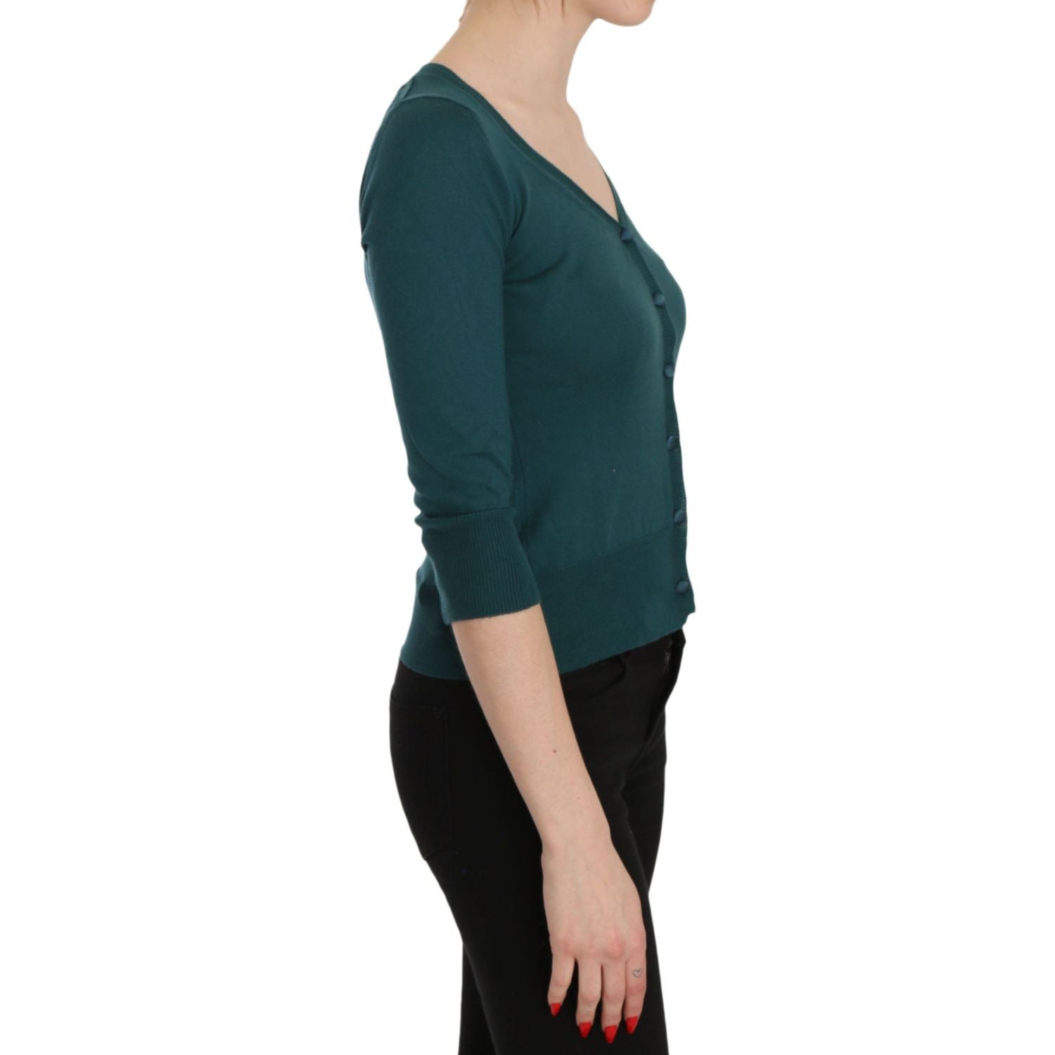 PINK MEMORIES Blue Green Cotton 3/4 Sleeve Cardigan Top Blouse