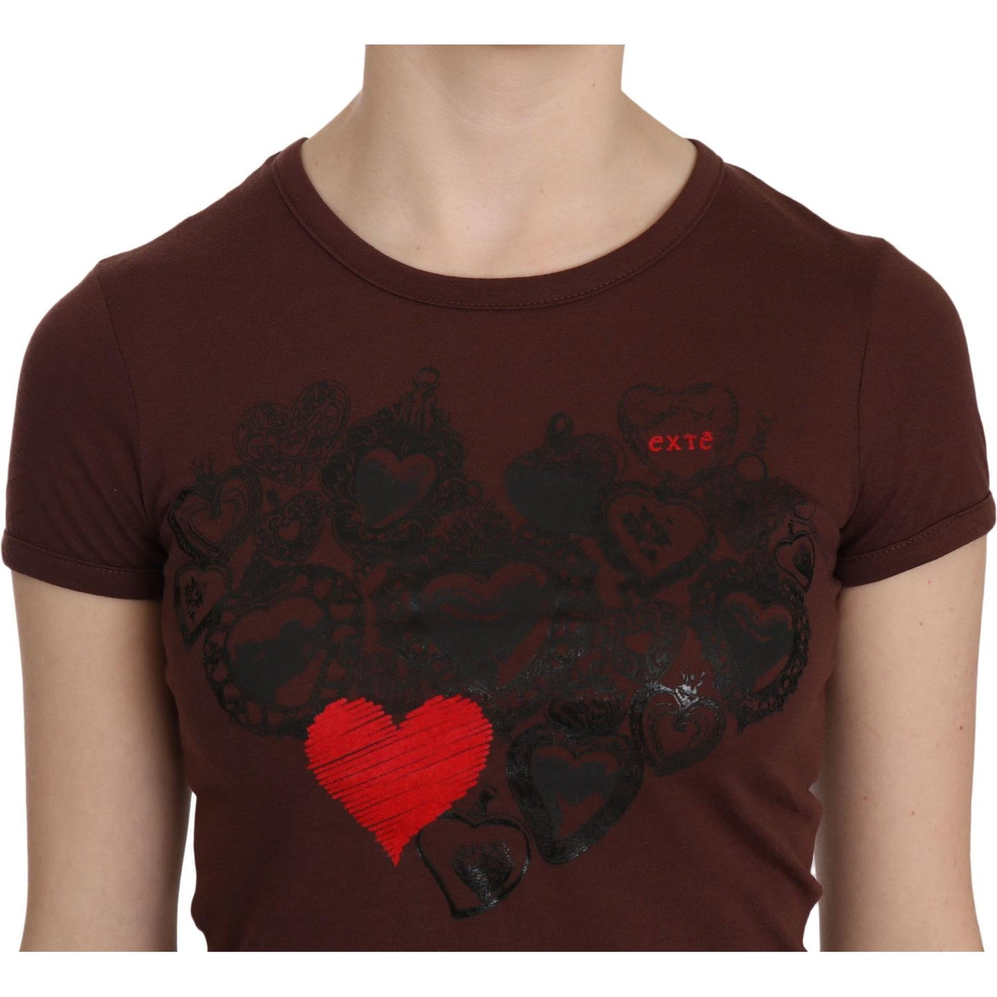 Exte Brown Heart Print Crew Neck T-shirt Short Sleeve Blouse