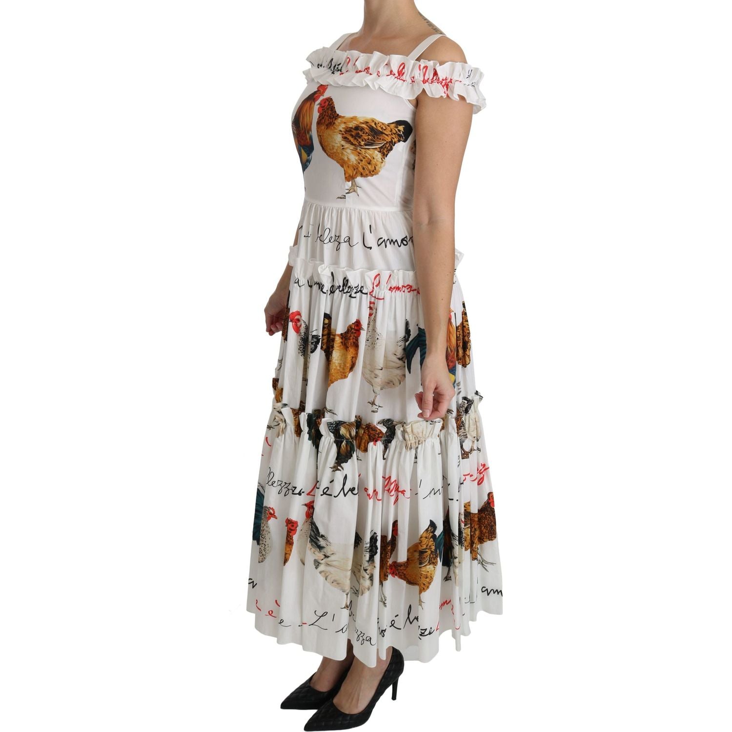Dolce & Gabbana White Rooster Sheath Midi Cotton Dress