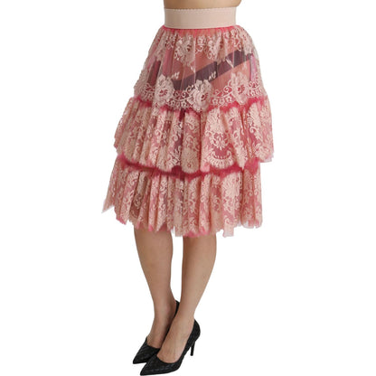 Dolce & Gabbana Pink Lace Layered High Waist Knee Length Skirt