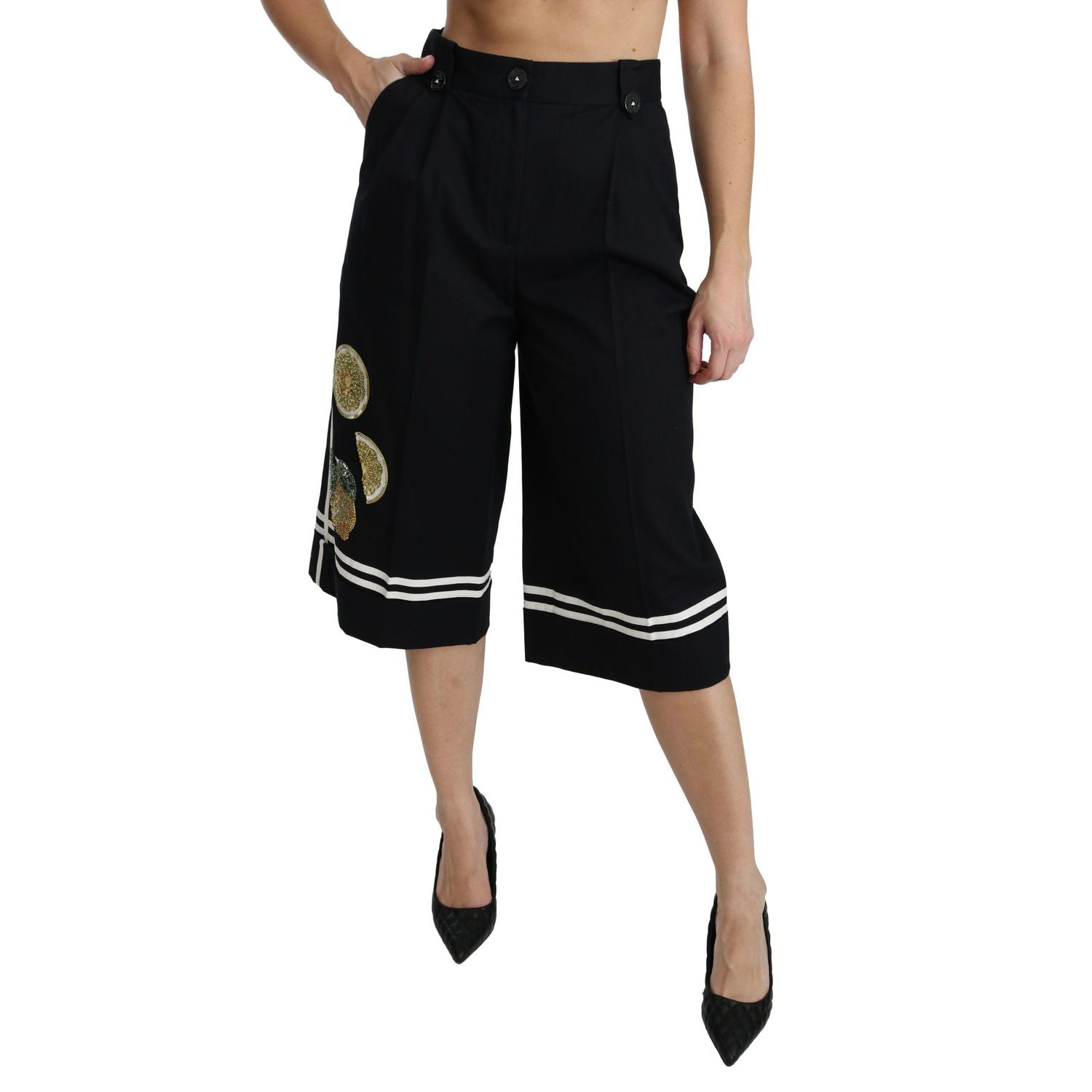 Dolce & Gabbana Black Lemon Embellished Palazzo Cropped Pants