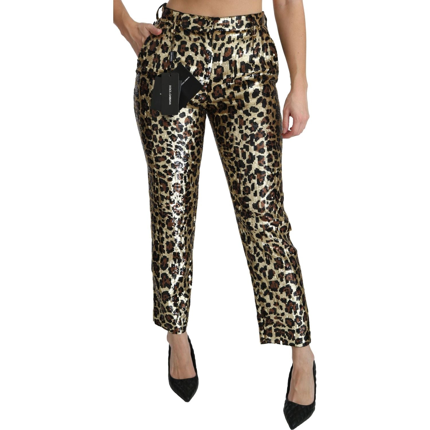 Dolce & Gabbana Brown Leopard Sequined High Waist Pants