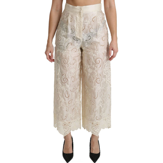 Dolce & Gabbana Cream Lace High Waist Palazzo Cropped Pants PAN70873-44