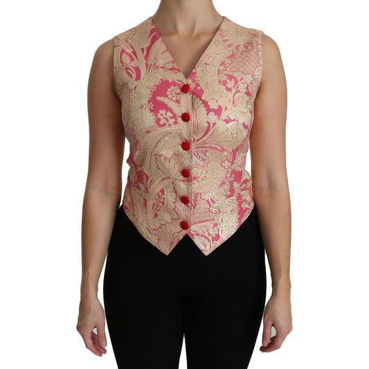 Dolce & Gabbana Pink Gold Brocade Waistcoat Vest Blouse Top TSH4287-38