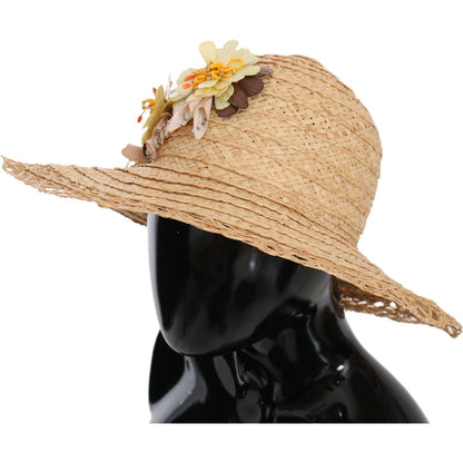 Dolce & Gabbana Beige Wide Brim Floral Bucket Capello Hat 1728,56 cm|XS,67345645728,Accessories,Beige,Bucket Hats - Hats - Accessories,Dolce & Gabbana,Hats - Accessories,Hats - Women - Accessories,New with tags,Women,Women - Accessories