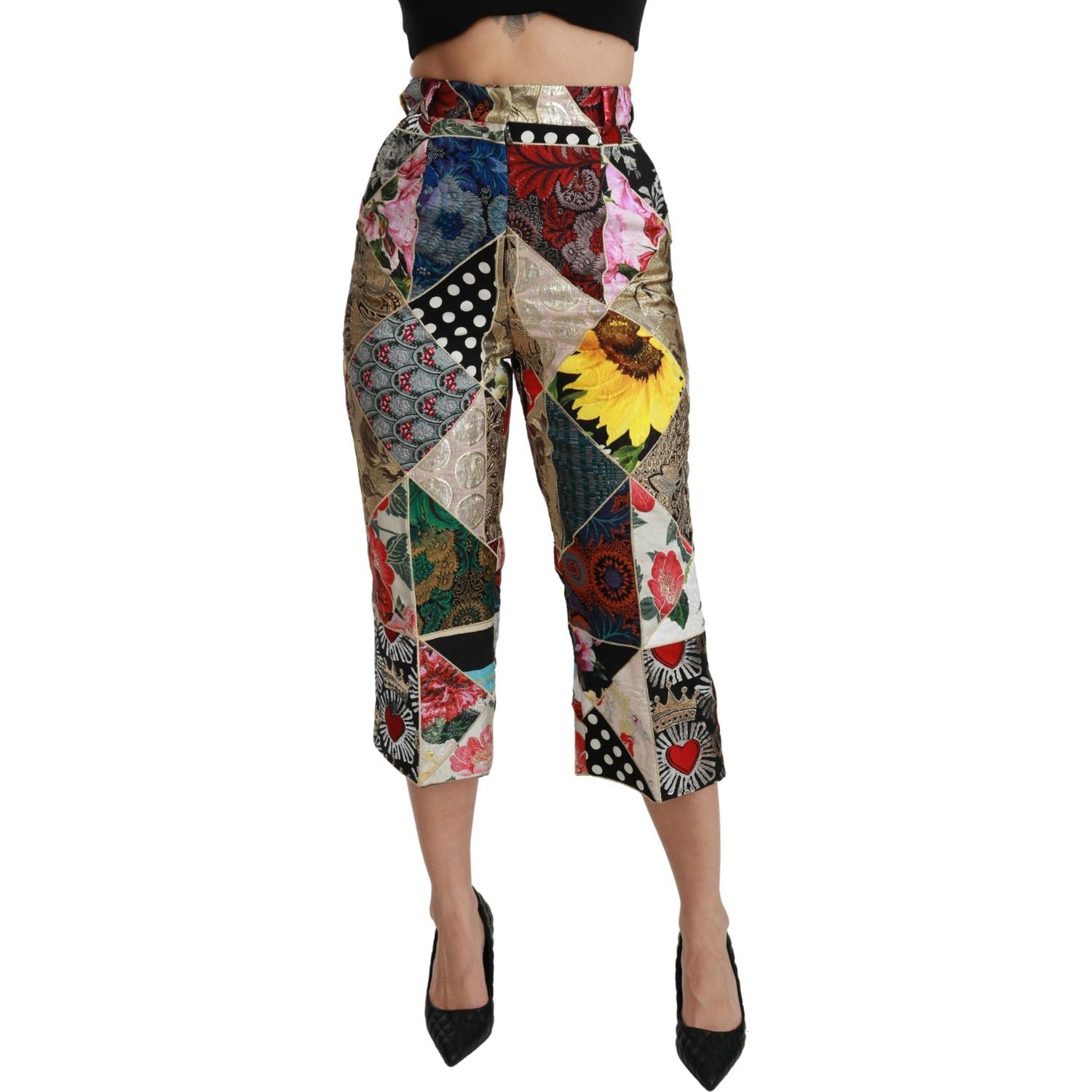 Dolce & Gabbana Silk Multicolor Print High Waist Cropped Pants