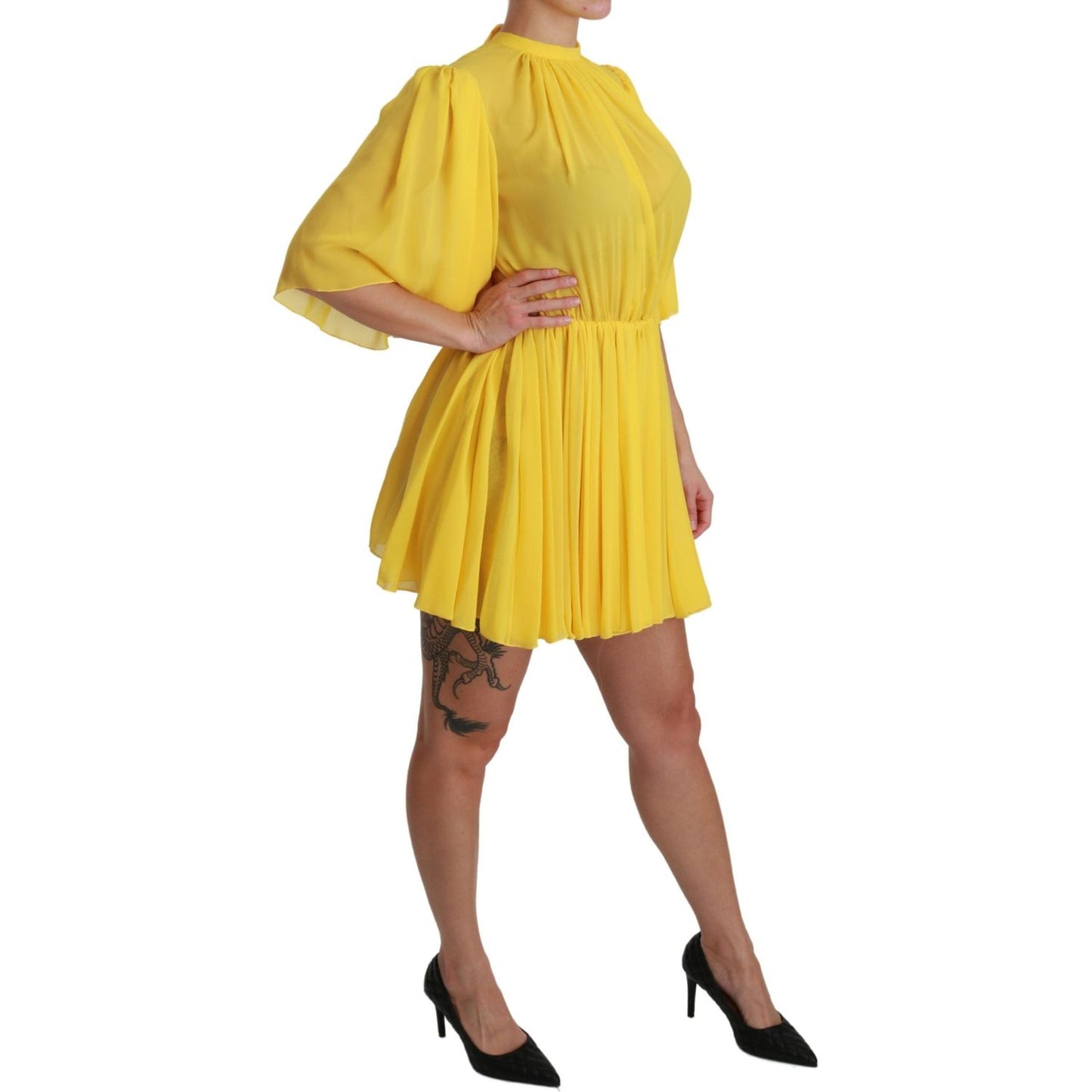 Dolce & Gabbana Yellow Pleated A-line Mini 100% Silk Dress