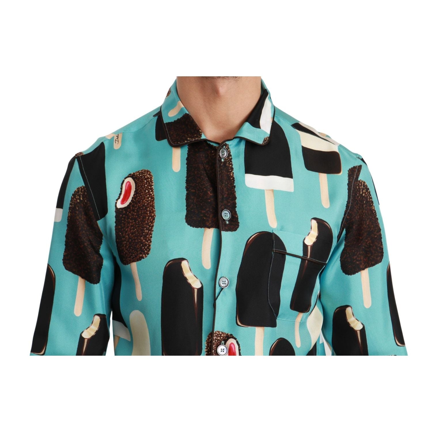 Dolce & Gabbana Blue Silk Ice Cream Print Casual Shirt