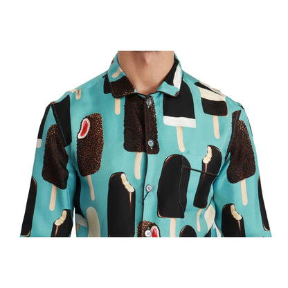 Dolce & Gabbana Blue Silk Ice Cream Print Casual Shirt