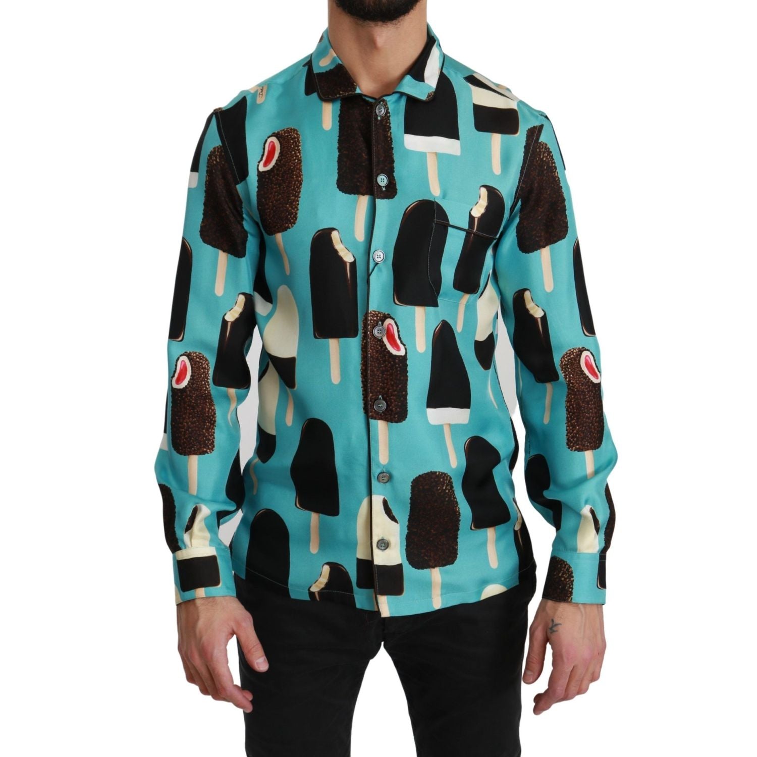 Dolce & Gabbana Blue Silk Ice Cream Print Casual Shirt