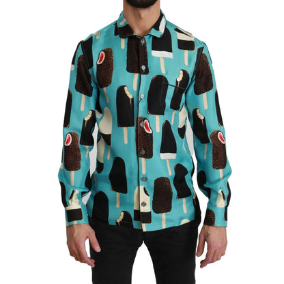 Dolce & Gabbana Blue Silk Ice Cream Print Casual Shirt