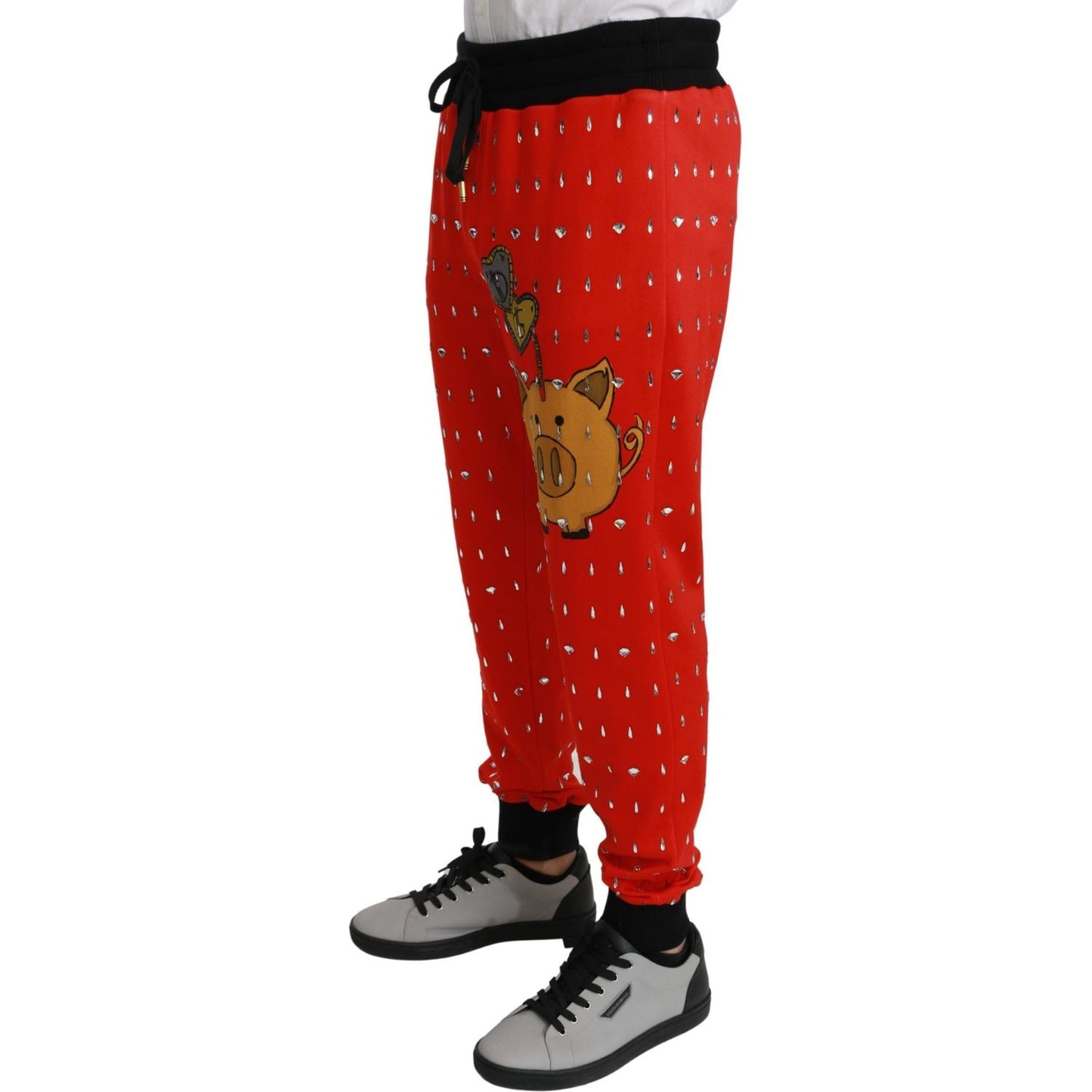 Dolce & Gabbana Red Piggy Bank Cotton Crystal Trousers Pants