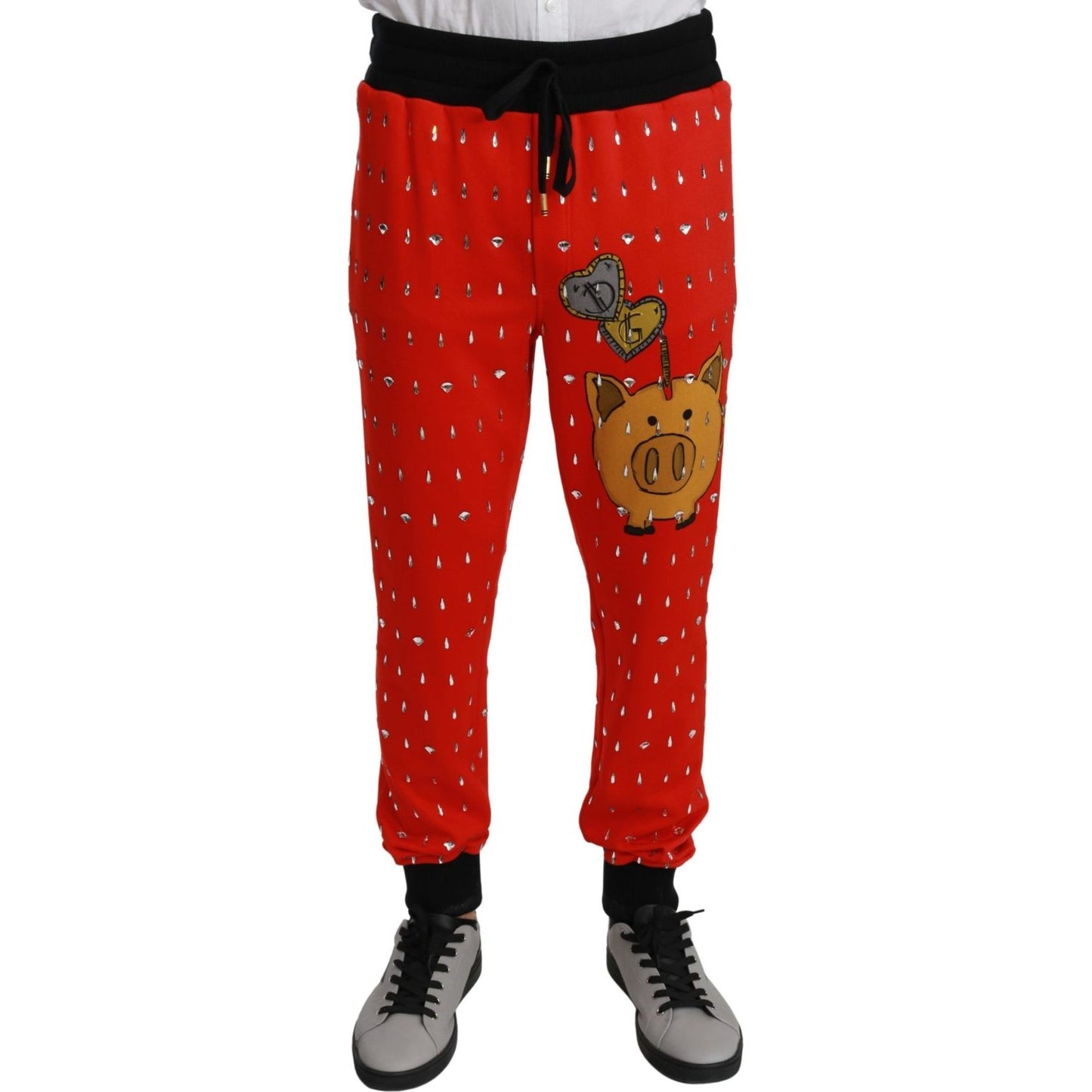 Dolce & Gabbana Red Piggy Bank Cotton Crystal Trousers Pants