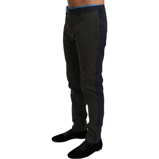 Dolce & Gabbana slim fit striped casual pants in gray and blue, featuring front and back pockets, crafted from cotton and nylon blend.