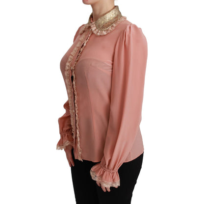 Dolce & Gabbana Pink Silk Gold Sequin Lace Blouse Shirt