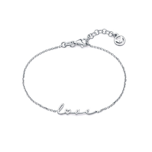 Delicate silver bracelet with 'love' script design and chain clasp, perfect for ladies, from VICEROY JEWELS Mod. 1336P000-00 collection.
