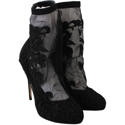 Dolce & Gabbana Black Roses Stilettos Booties Socks Shoes Shoes
