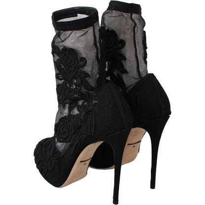 Dolce & Gabbana Black Roses Stilettos Booties Socks Shoes Shoes