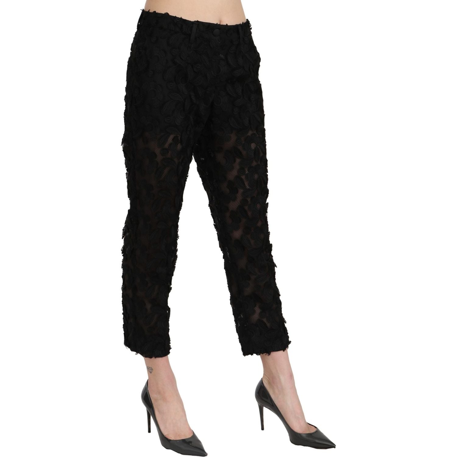 Dolce & Gabbana Black Lace Straight Cropped High Waist Pants