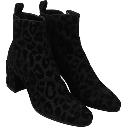Dolce & Gabbana Black Leopard Short Boots Zipper Shoes