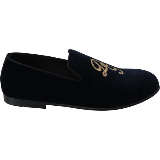 Dolce & Gabbana Blue Velvet Gold Logo Slipper Loafers Shoes MV3487-39.5